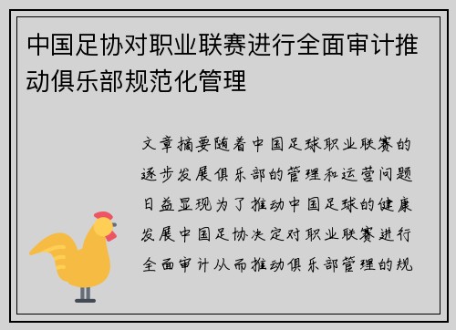 中国足协对职业联赛进行全面审计推动俱乐部规范化管理